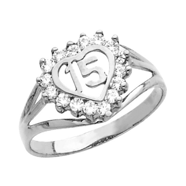 White Gold Cubic Zirconia Halo Heart 15 Años Quinceañera Ring
