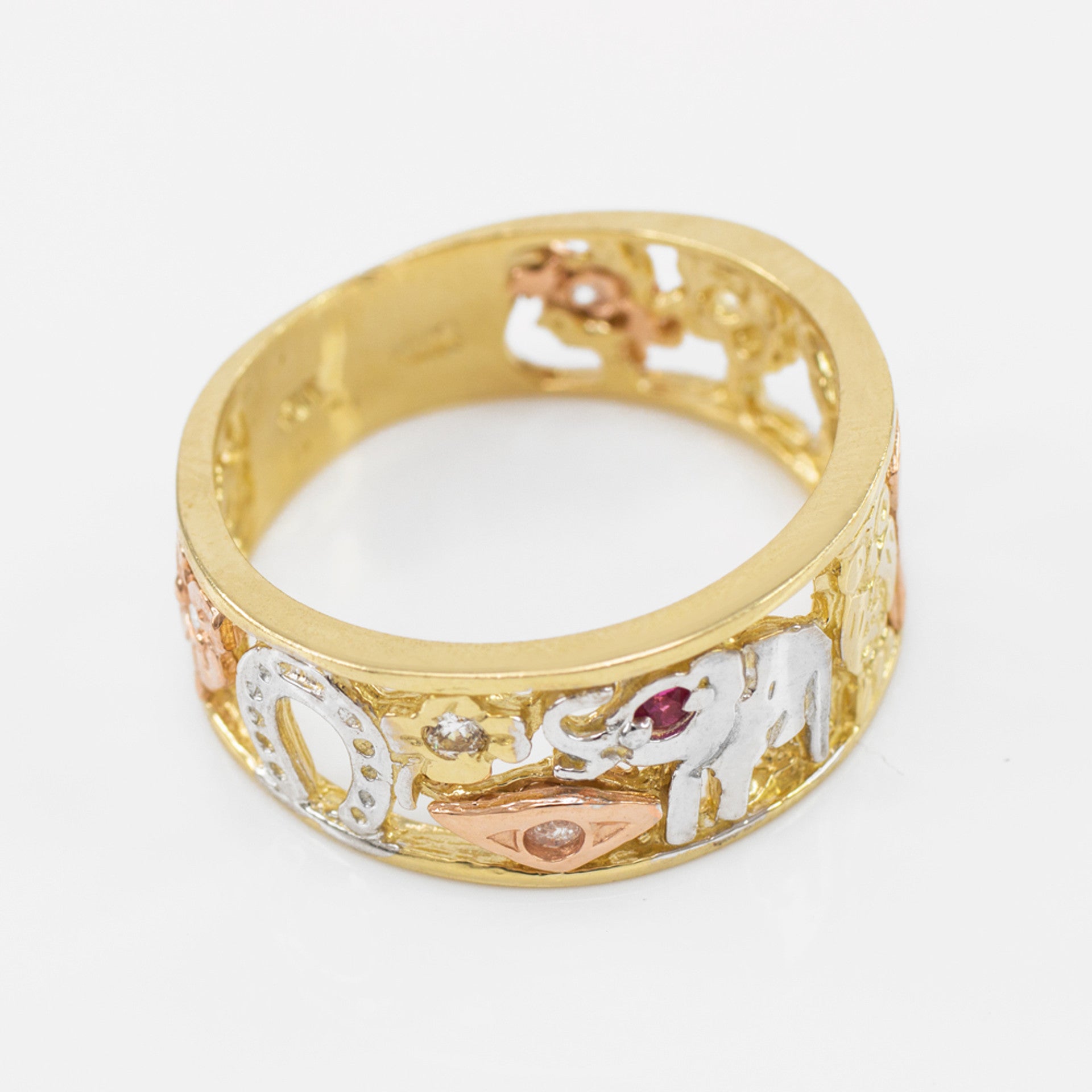Tri-tone Gold Red CZ Lucky Ring