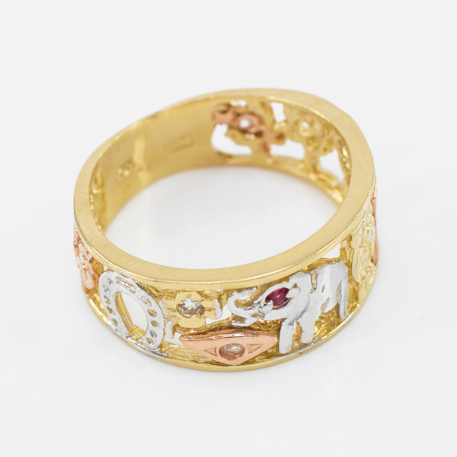Tri-tone Gold Red CZ Lucky Ring