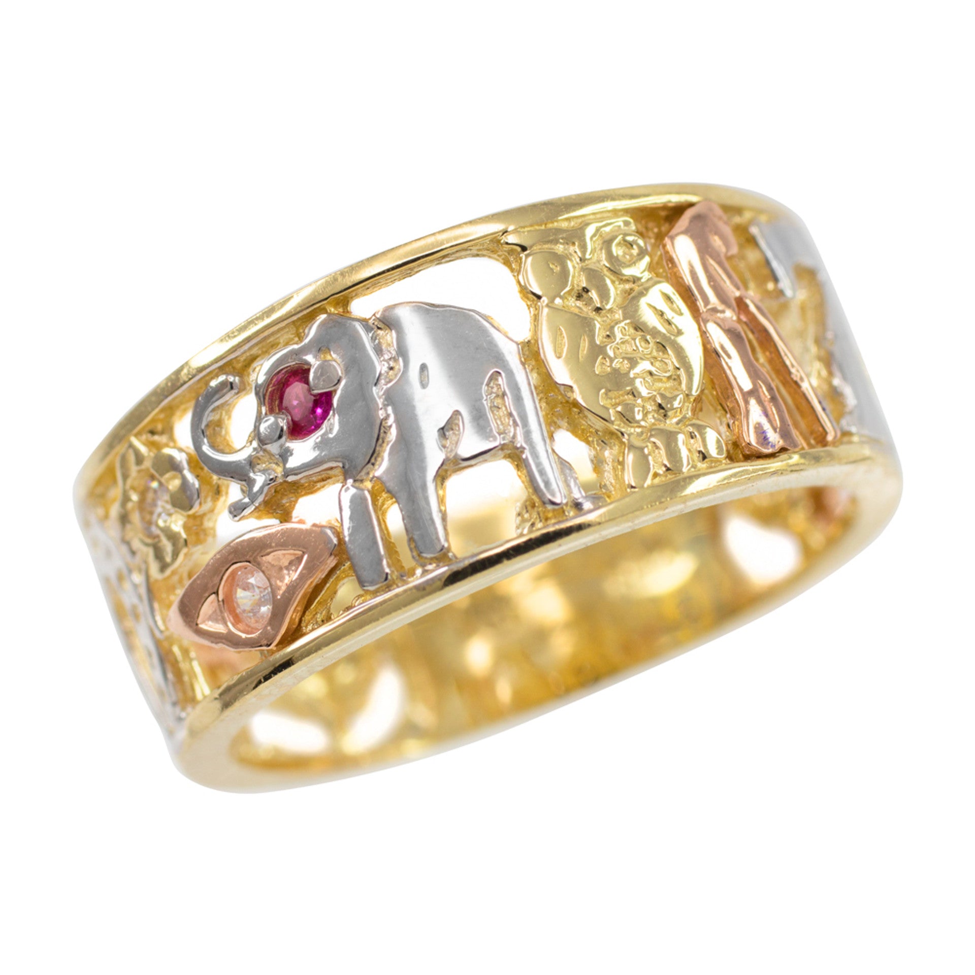 Tri-tone Gold Red CZ Lucky Ring