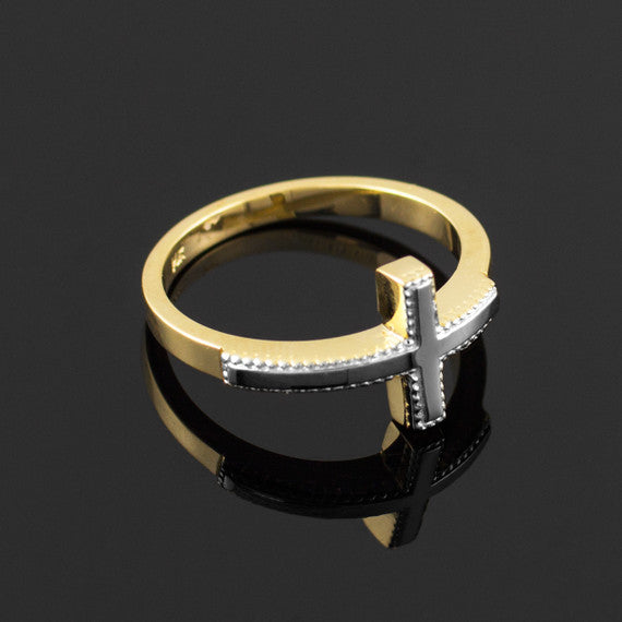 Two-Tone Solid Gold Sideways Cross RingSolid Gold Sideways Cross Ring(Available in Yellow/Rose/White Gold)