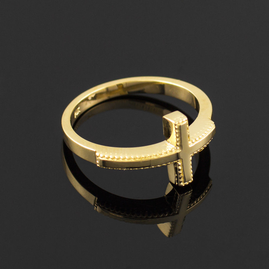 Solid Gold Sideways Cross Ring(Available in Yellow/Rose/White Gold)