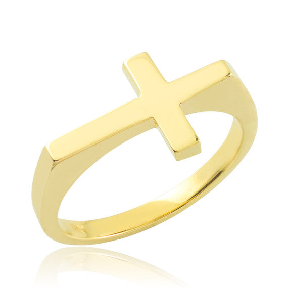 Solid Gold Flat Top Sideways Cross Ring ( Available in Yellow/Rose/White Gold)