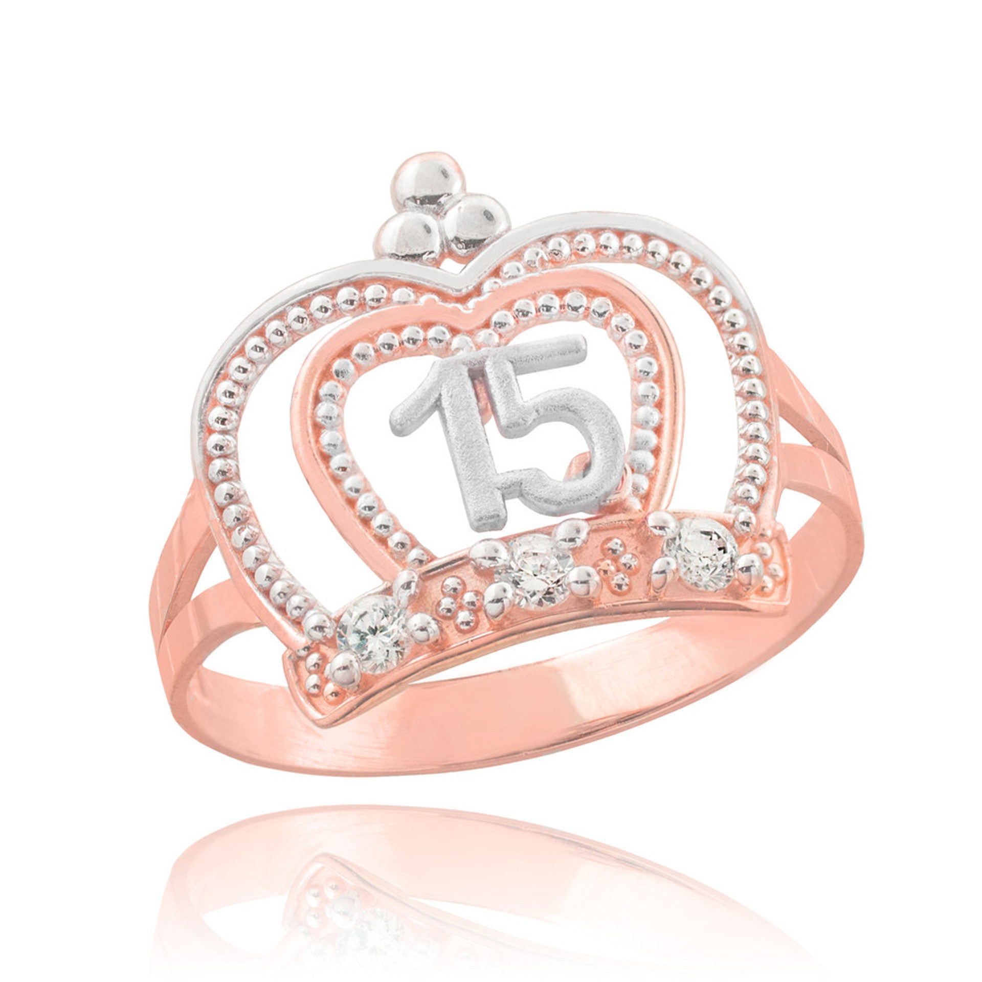 Tri-Color Gold Cubic Zirconia Crown 15 Años Quinceañera Beaded Ring