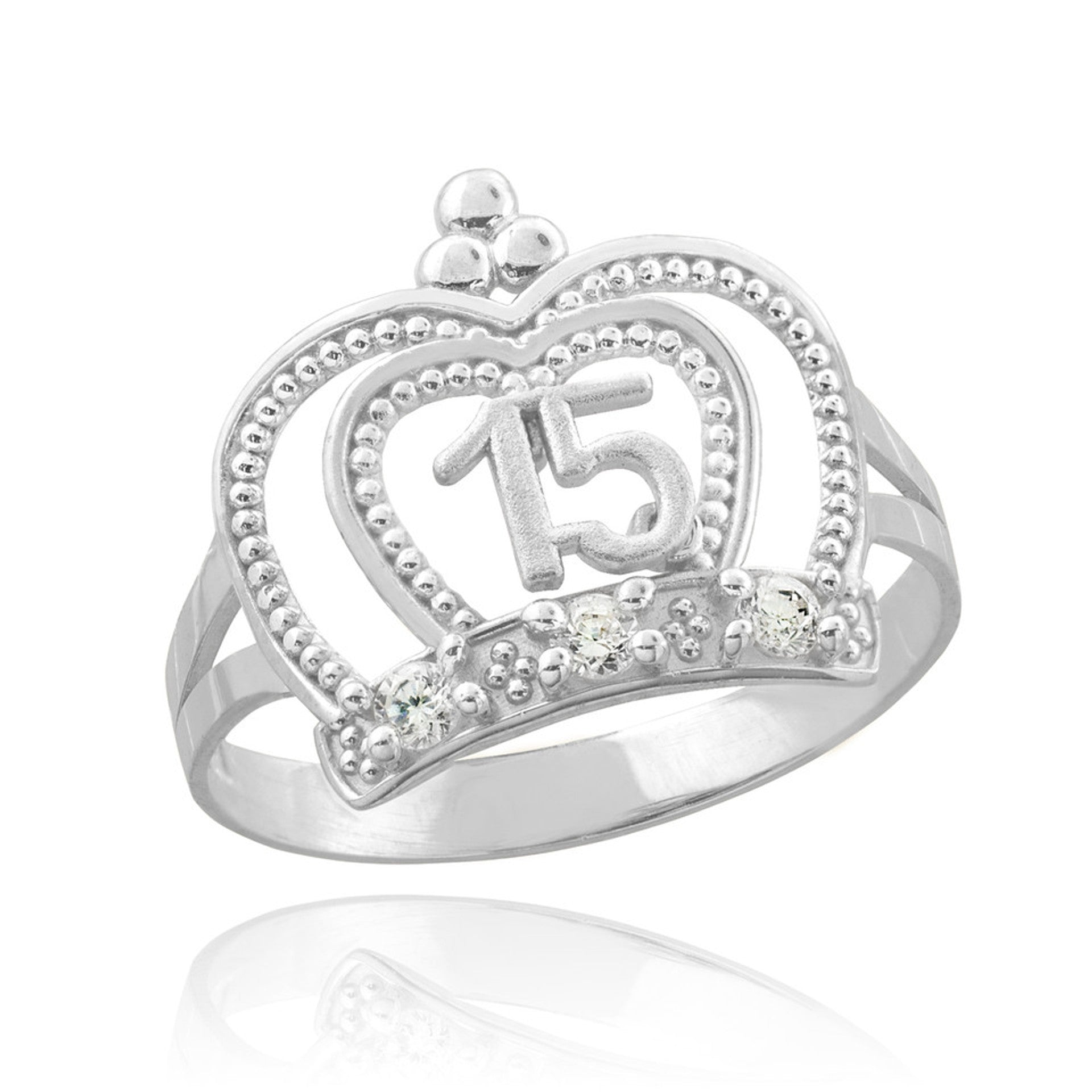 Tri-Color Gold Cubic Zirconia Crown 15 Años Quinceañera Beaded Ring