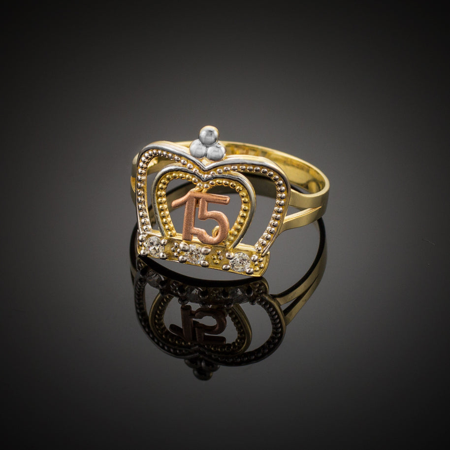 Tri-Color Gold Cubic Zirconia Crown 15 Años Quinceañera Beaded Ring