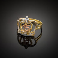 Tri-Color Gold Cubic Zirconia Crown 15 Años Quinceañera Beaded Ring