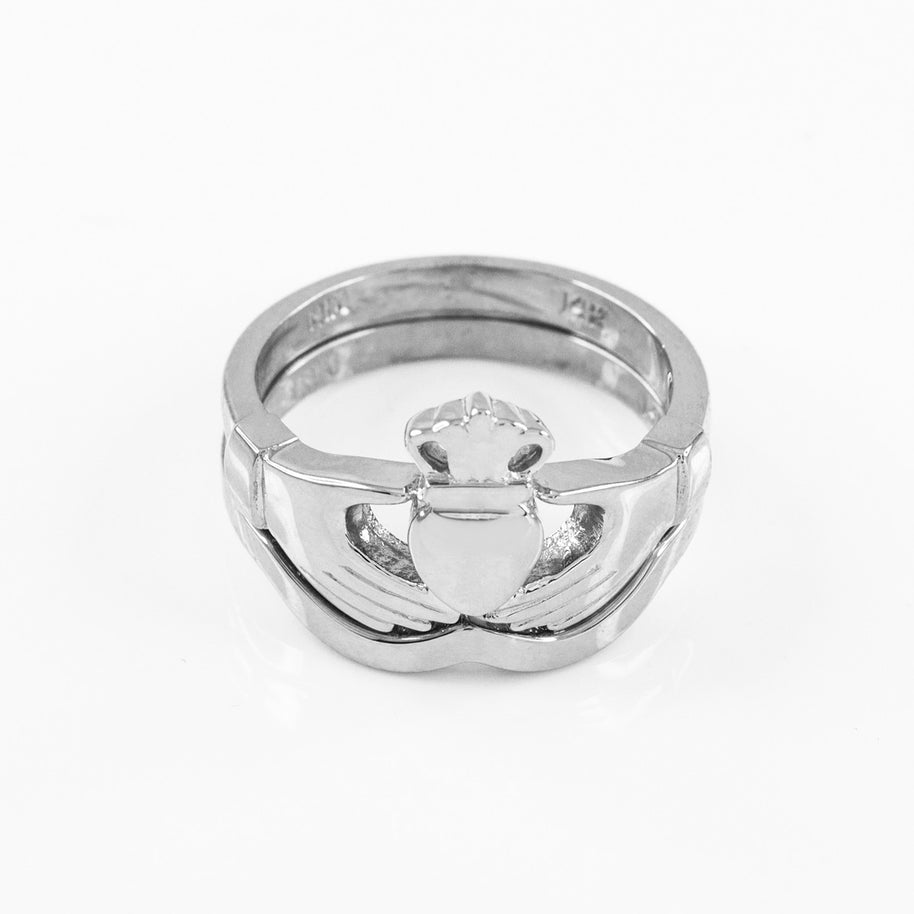 .925 Sterling Silver Claddagh Heart Crown Wedding Band Ring Set