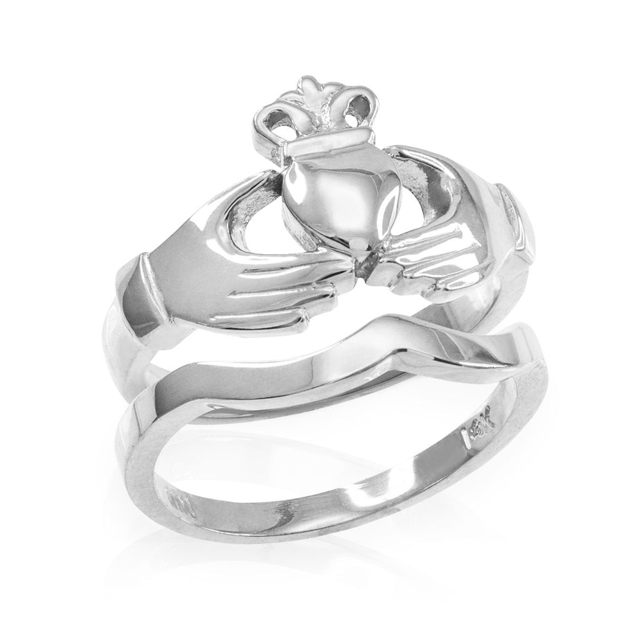 .925 Sterling Silver Claddagh Heart Crown Wedding Band Ring Set