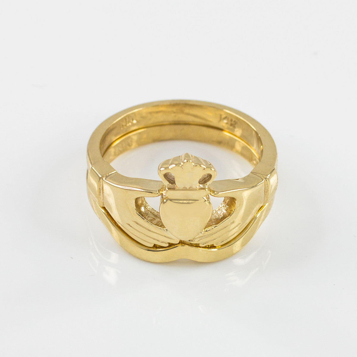 Gold Claddagh Heart Crown Wedding Band Ring Set (Available in Yellow/Rose/White Gold)