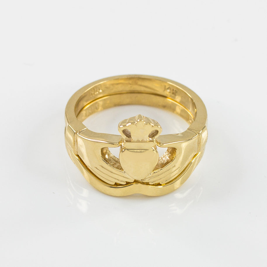 Gold Claddagh Heart Crown Wedding Band Ring Set (Available in Yellow/Rose/White Gold)