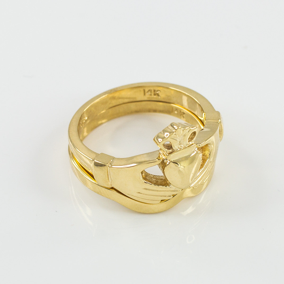 Gold Claddagh Heart Crown Wedding Band Ring Set (Available in Yellow/Rose/White Gold)