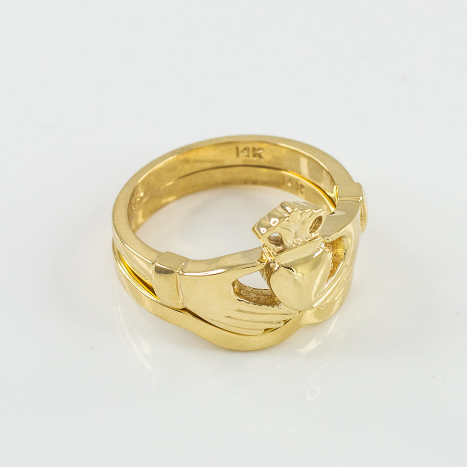Gold Claddagh Heart Crown Wedding Band Ring Set (Available in Yellow/Rose/White Gold)