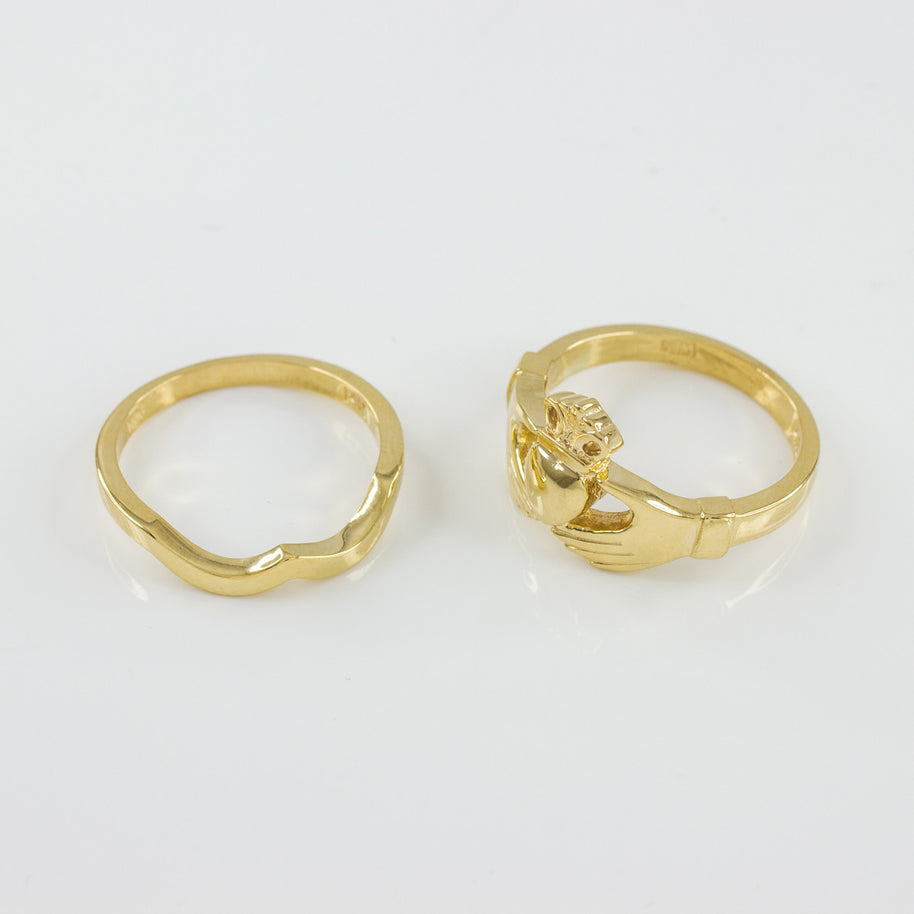 Gold Claddagh Heart Crown Wedding Band Ring Set (Available in Yellow/Rose/White Gold)