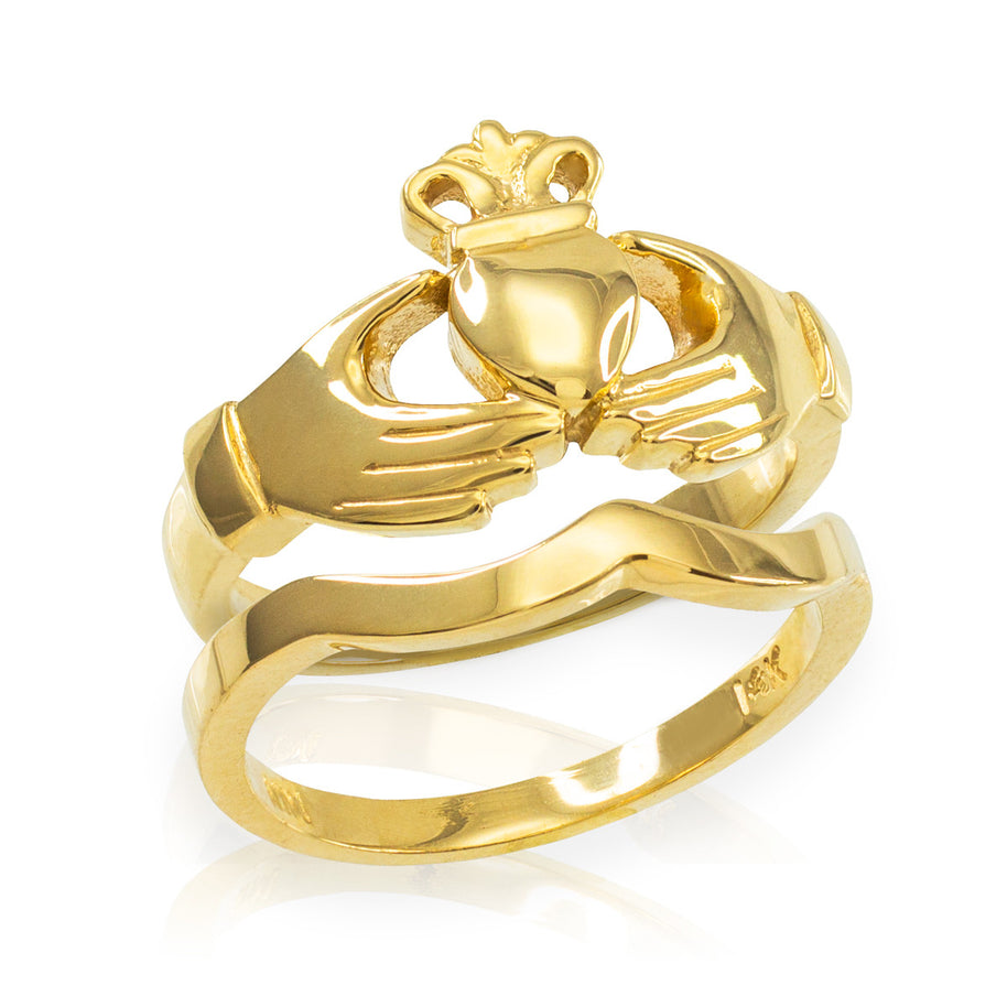 Gold Claddagh Heart Crown Wedding Band Ring Set (Available in Yellow/Rose/White Gold)