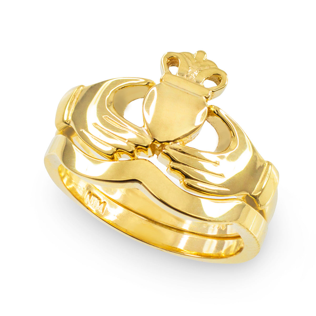 Gold Claddagh Heart Crown Wedding Band Ring Set (Available in Yellow/Rose/White Gold)