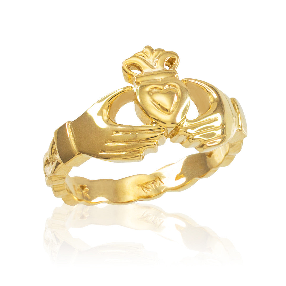 Gold Claddagh Engagement Ring with Celtic Band (Available in Yellow/Rose/White Gold)