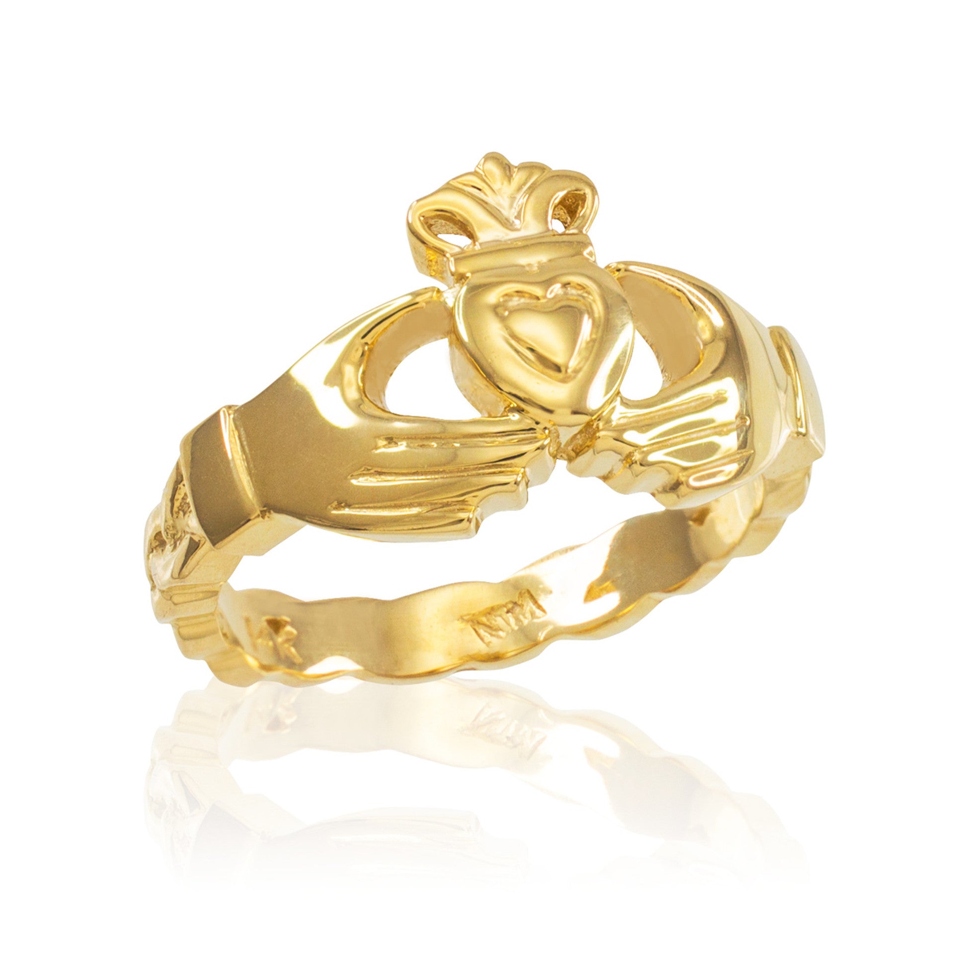 Gold Claddagh Engagement Ring with Celtic Band (Available in Yellow/Rose/White Gold)