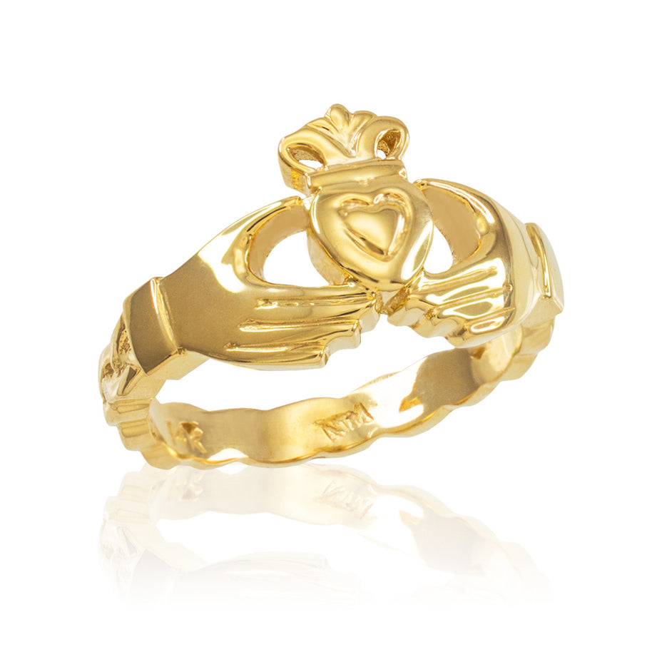 Gold Claddagh Engagement Ring with Celtic Band (Available in Yellow/Rose/White Gold)