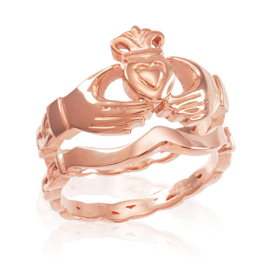 2-Piece Gold Claddagh Engagement Ring with Celtic Band (Available in Yellow/Rose/White Gold)