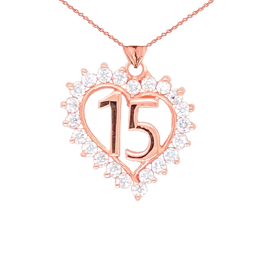 Gold Studded Cubic Zirconia Heart 15 Años Quinceañera Pendant Necklace (Available in Yellow/Rose/White Gold)