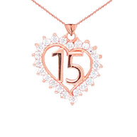 Gold Studded Cubic Zirconia Heart 15 Años Quinceañera Pendant Necklace (Available in Yellow/Rose/White Gold)