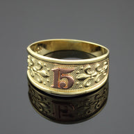 Two-Tone Gold 15 Años Fleur-de-lis Quinceañera Textured Band Ring