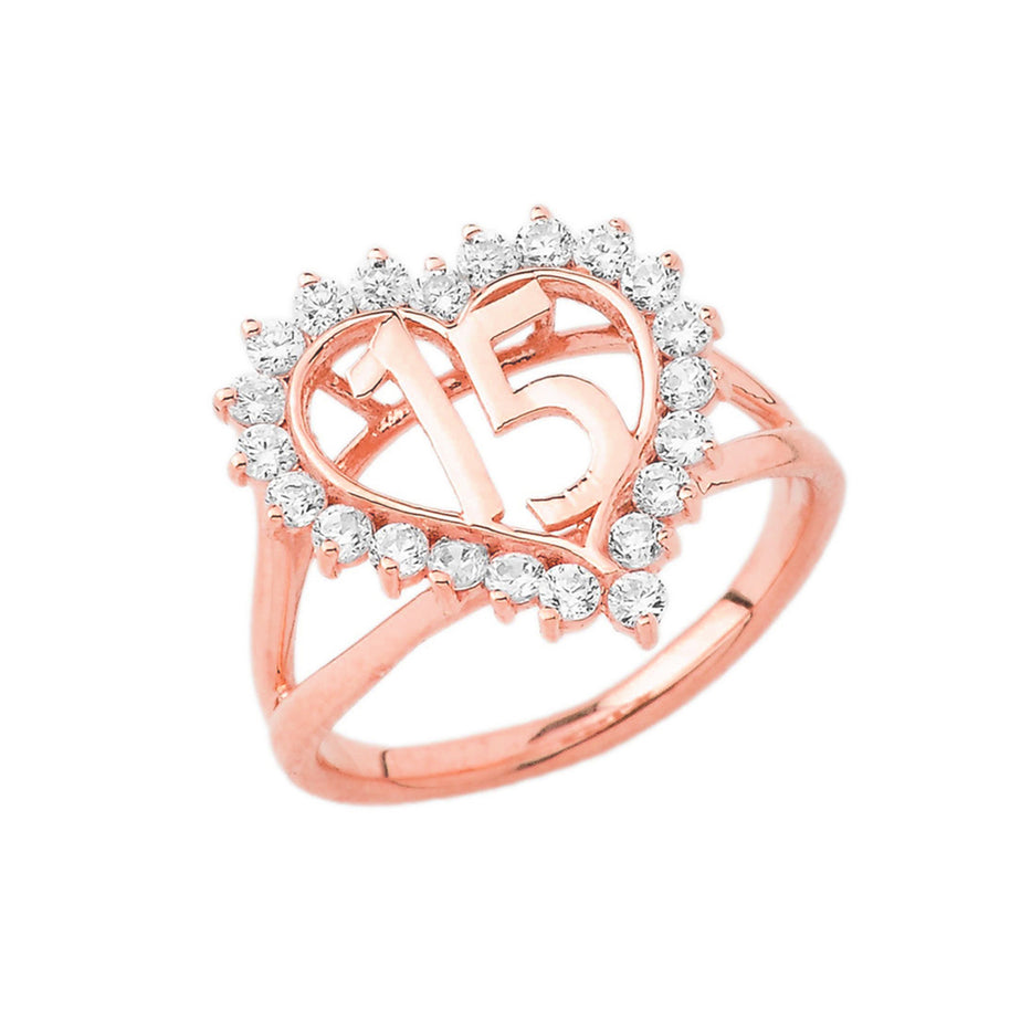 Gold Cubic Zirconia Heart 15 Años Quinceañera Ring (Available in Yellow/Rose/White Gold)