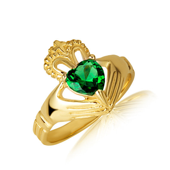 Gold Woman's Elegant Claddagh Birthstone Heart Shape Ring (Available in Yellow/Rose/White Gold)