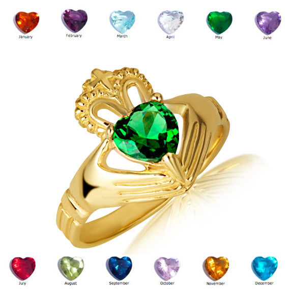 Gold Woman's Elegant Claddagh Birthstone Heart Shape Ring (Available in Yellow/Rose/White Gold)