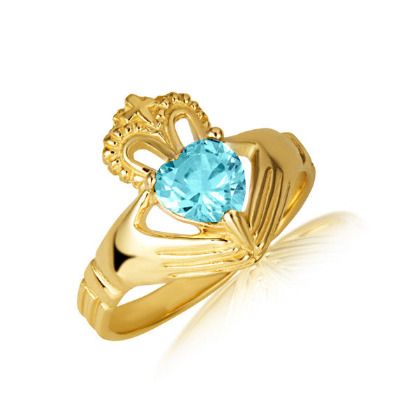 Gold Woman's Elegant Claddagh Birthstone Heart Shape Ring (Available in Yellow/Rose/White Gold)
