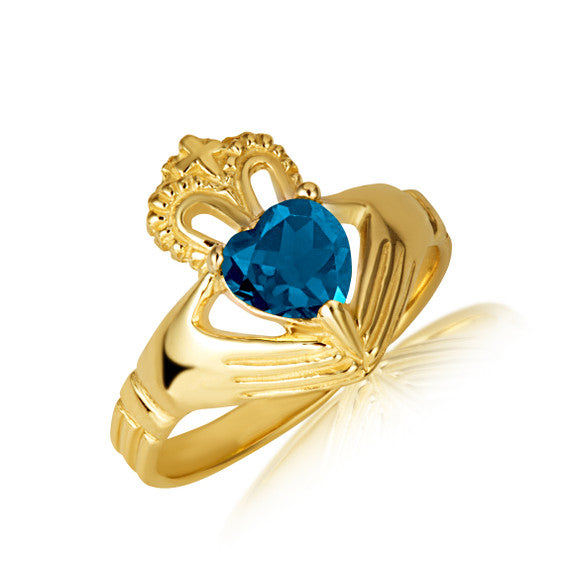 Gold Woman's Elegant Claddagh Birthstone Heart Shape Ring (Available in Yellow/Rose/White Gold)