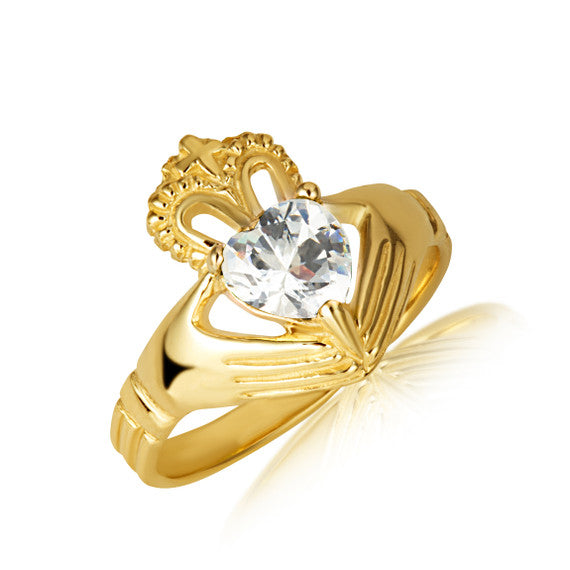 Gold Woman's Elegant Claddagh Birthstone Heart Shape Ring (Available in Yellow/Rose/White Gold)