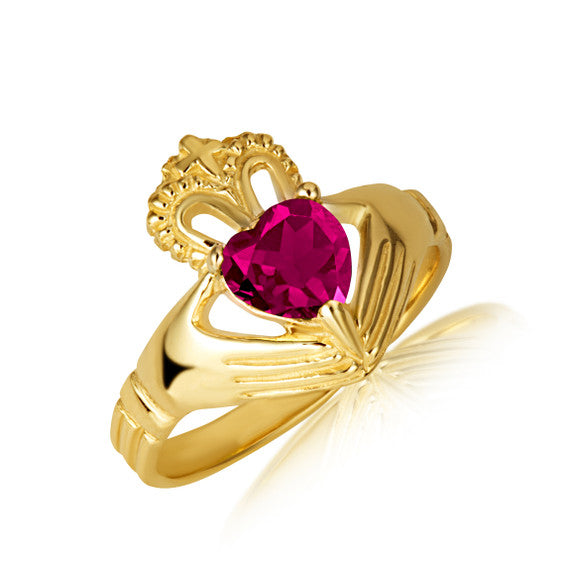 Gold Woman's Elegant Claddagh Birthstone Heart Shape Ring (Available in Yellow/Rose/White Gold)