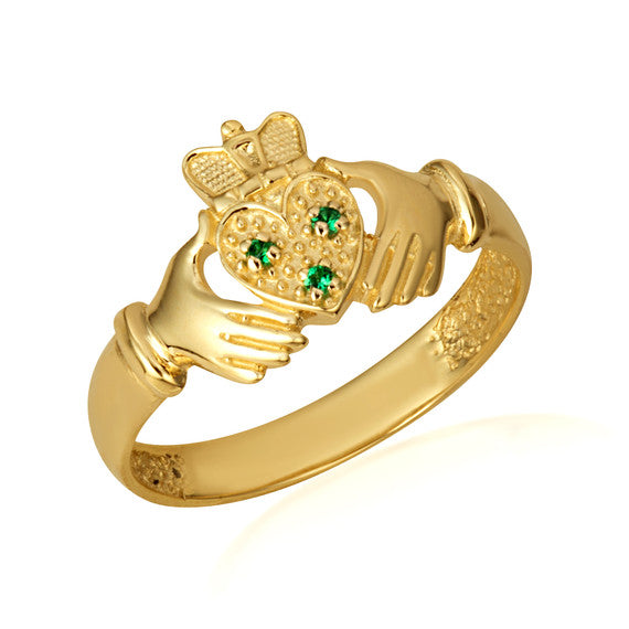 Yellow Gold Claddagh Heart Crown Emerald Birthstone Ring