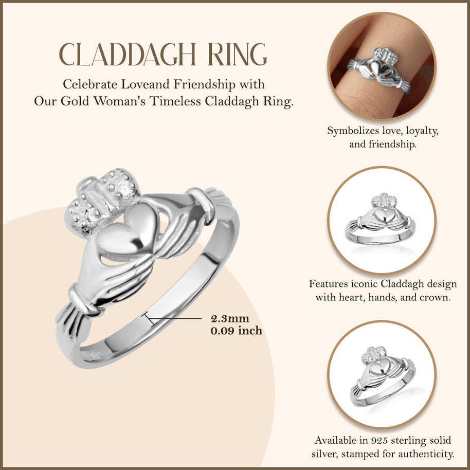 .925 Sterling Silver Celtic Claddagh Heart Irish Crown Ring