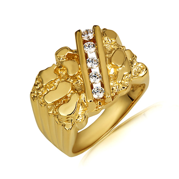 Yellow Gold Masculine Men's Nugget Cubic Zirconia Square Ring