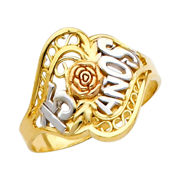 Tri-Color Gold 15 Años Flower Quinceañera Filigree Band Ring