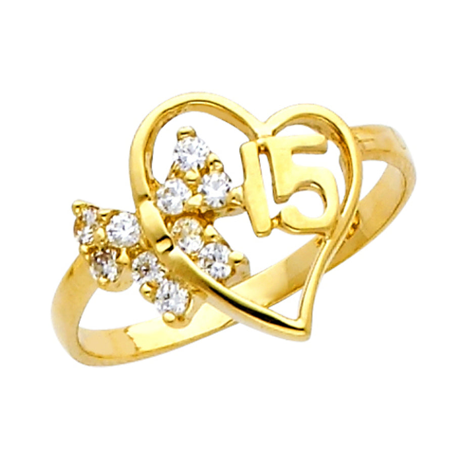 Gold Cubic Zirconia Butterfly 15 Años Heart Quinceañera Ring