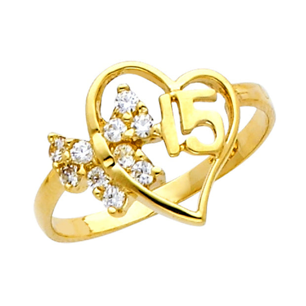 Gold Cubic Zirconia Butterfly 15 Años Heart Quinceañera Ring