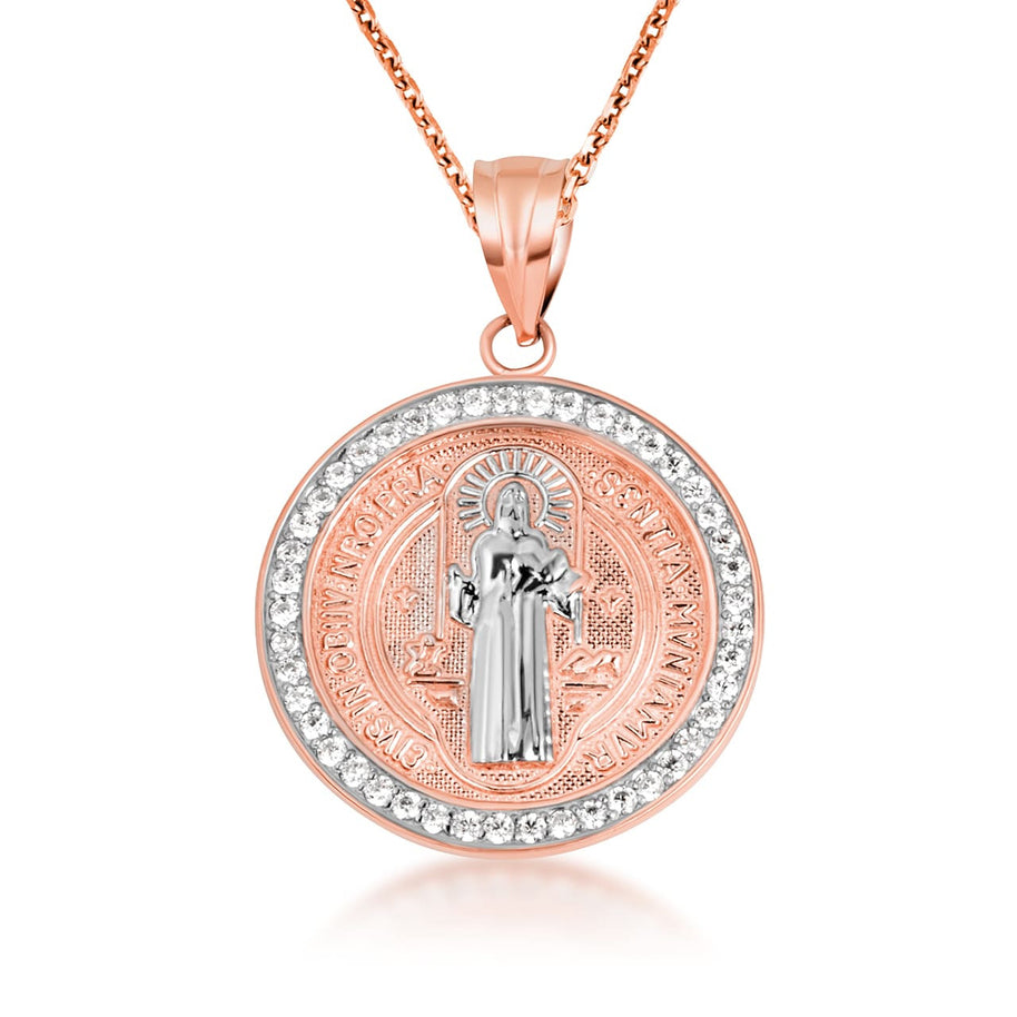 14K Two-Tone Gold Saint Benedict Diamond Halo Medallion Pendant Necklace (Available in Small/Large & Yellow/Rose/White Gold)