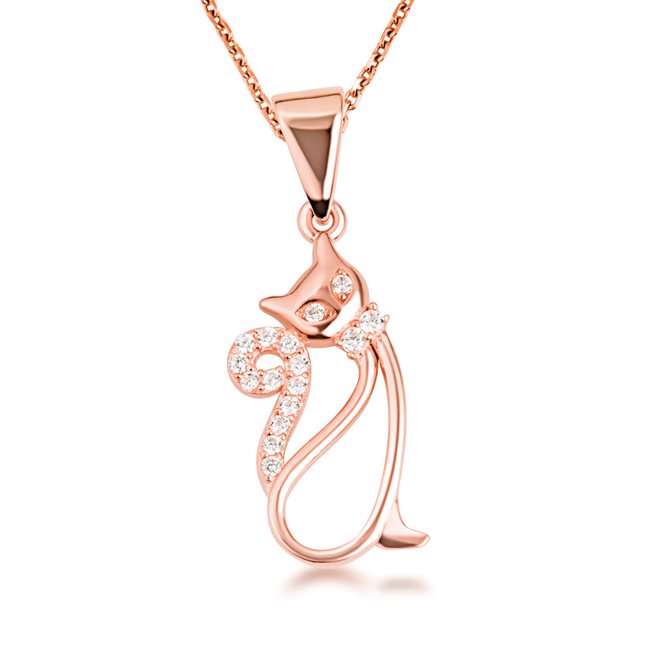 Gold Cat Silhouette Studded Pendant Necklace (Available in Yellow/Rose/White Gold)