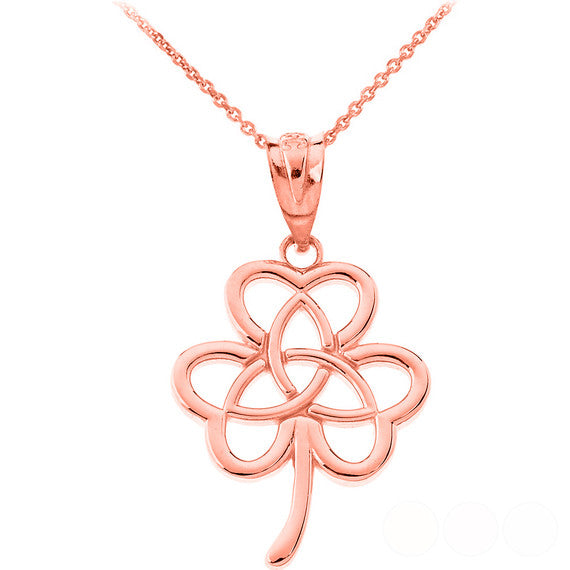 Gold Irish 3 Leaf Clover Celtic Triquetra Trinity Knot Pendant Necklace (Available in Yellow/Rose/White Gold)