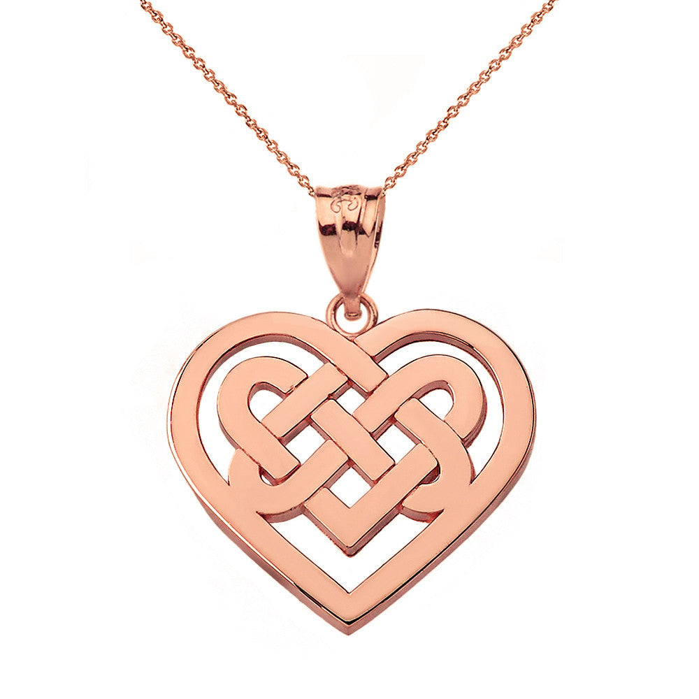 Solid Gold Celtic Knot Woven Heart Pendant Necklace (Available in Yellow/Rose/White Gold)