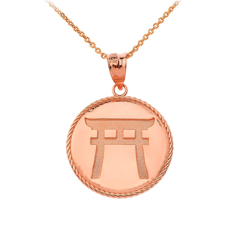 Gold Japanese Torii Shinto Gate Disc Pendant Necklace (Available in Yellow/Rose/White Gold)