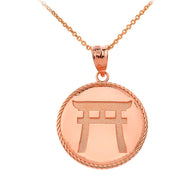 Gold Japanese Torii Shinto Gate Disc Pendant Necklace (Available in Yellow/Rose/White Gold)