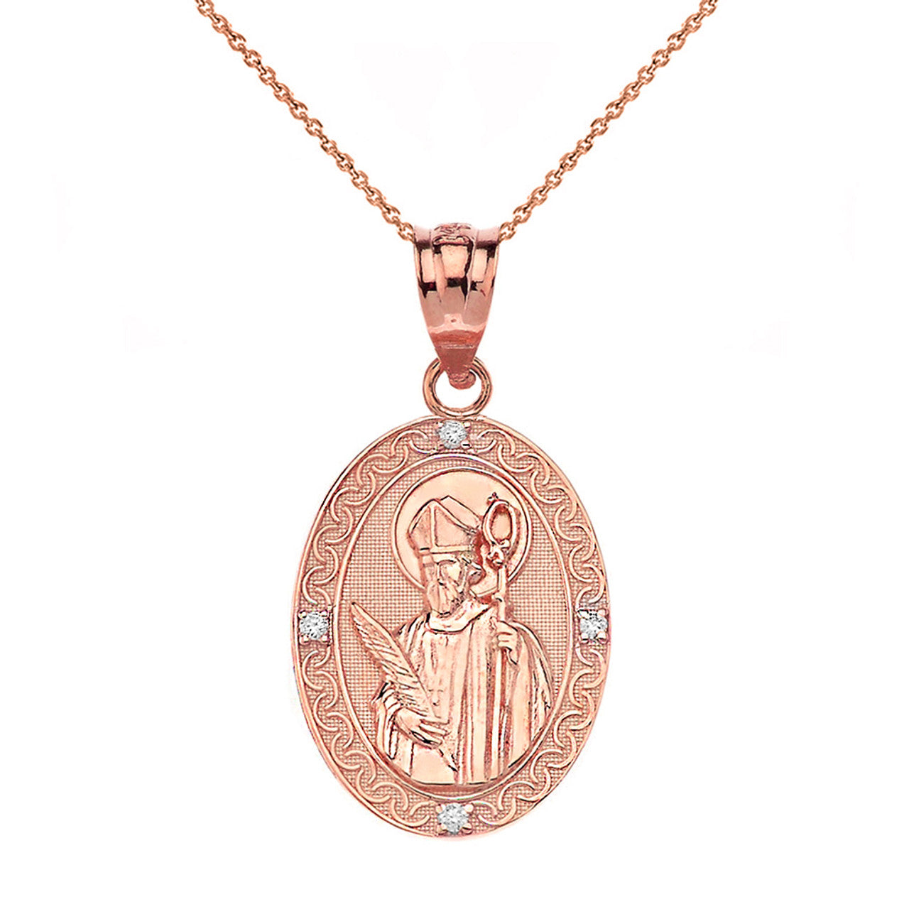 Engravable Diamond Saint Valentine Pray For Us Oval Pendant Necklace (1.04