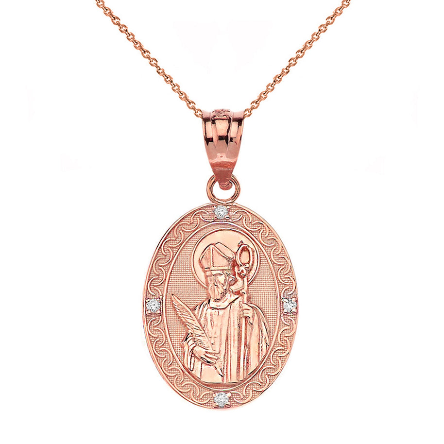 Engravable Diamond Saint Valentine Pray For Us Oval Pendant Necklace (1.04