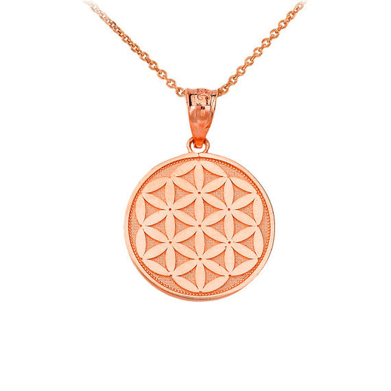 Gold Beaded Flower of Life Medallion Pendant Necklace (Available in Yellow/Rose/White Gold)