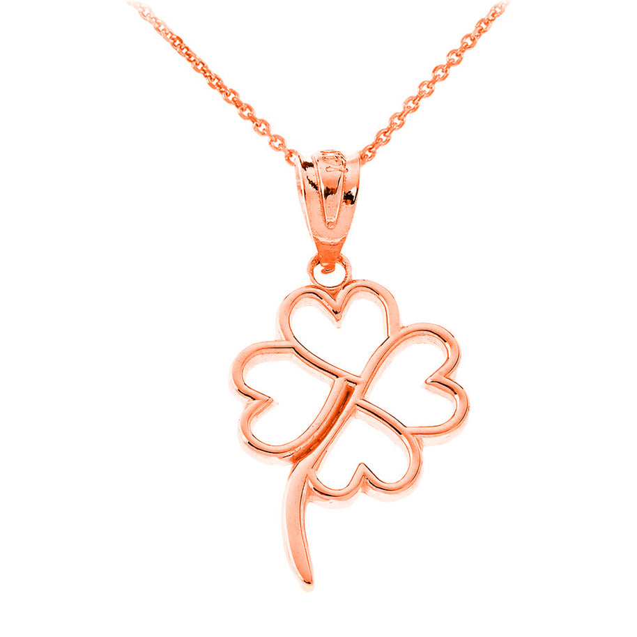 Gold 4 Leaf Clover Heart Lucky Pendant Necklace (Available in Yellow/Rose/White Gold)